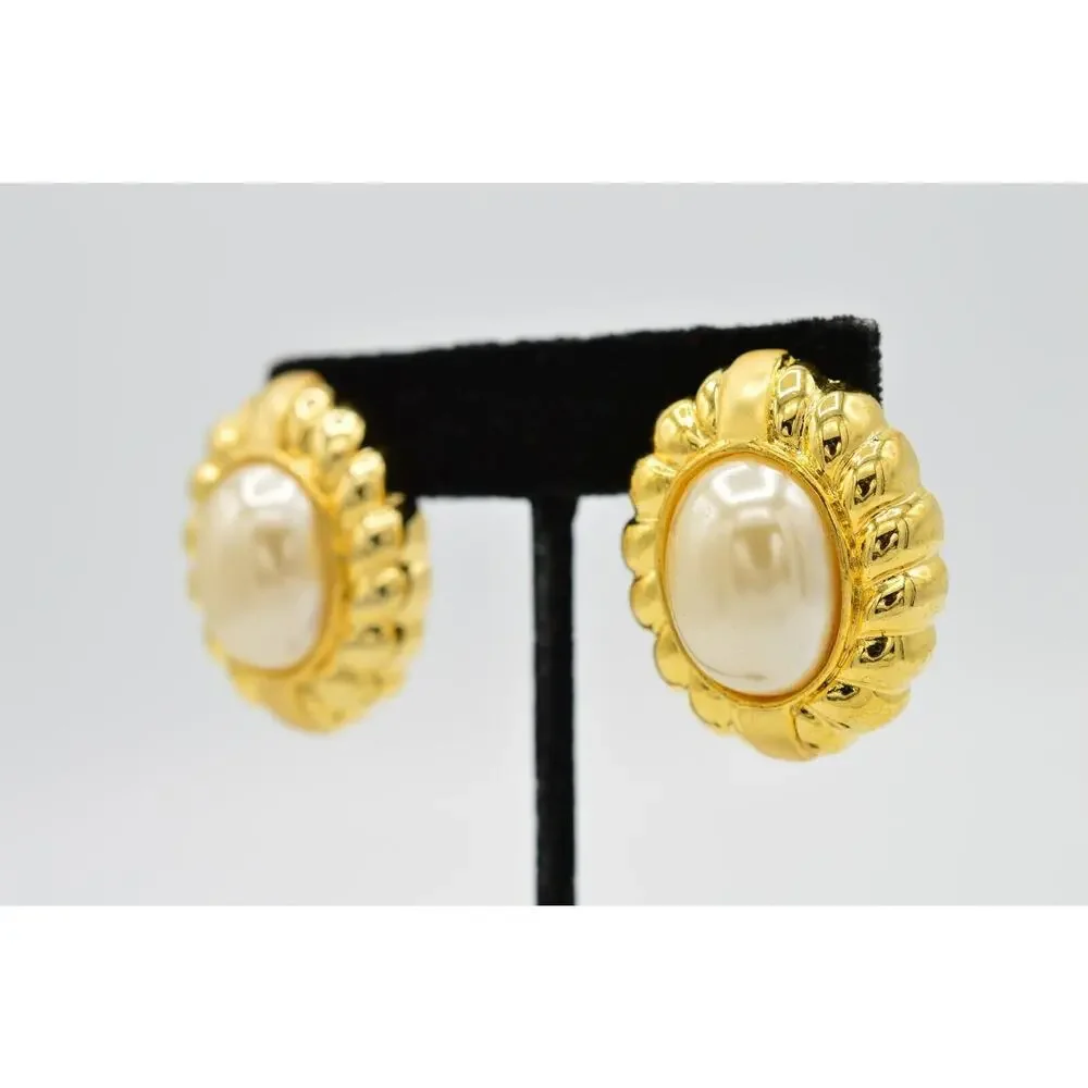 Vintage Clip On Earrings Brushed Gold Chunky Oval Pearl Chunky Signed 1980s 9L